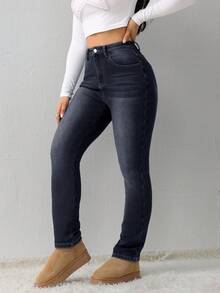 SHEIN Tall 女士保暖内衬修身牛仔裤，带口袋，冬季款 - 黑色 - 查看 7