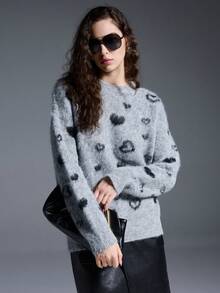 MYSTAURA Crew Neck Jacquard Contrast Color Long Sleeve Pullover Sweater - Grey - View 1