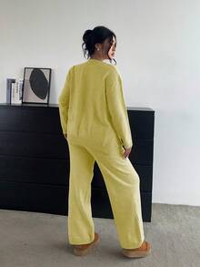 POPSWAY Soft & Flattering Versatile Casual Wide Leg Pants & Long Sleeve Knit Set - Light Yellow - View 2