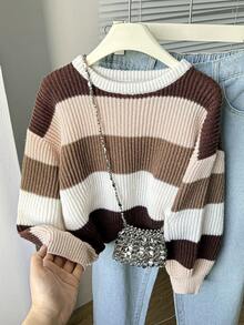 Sparklyn 女童厚针织毛衣，简约风格，长袖，秋冬款 - 棕色 - 查看 5