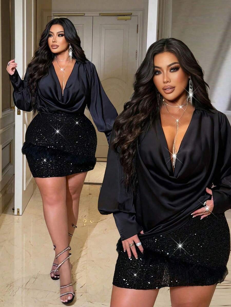 NU&NOW Plus Size Women's Two Pieces Set: A Satin Draped Collar Long-Sleeved Top Paired With A Feather Sequined Mini Skirt, Suitable For Occasions Such As New Year's, Banquets, Parties, And Wedding Guests. - Black - View 1