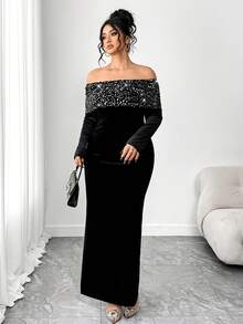 Elenzga Váy maxi dài tay trễ vai bằng nhung đen đính sequin cỡ lớn dành cho nữ, váy dài tay trễ vai bằng nhung đính sequin vá, kiểu dáng cổ điển thanh lịch quyến rũ, kết hợp gợi cảm và thanh lịch, phù hợp cho dạ tiệc, tiệc trang trọng, lựa chọn của Nữ hoàng tiệc tùng - màu đen - Xem 6