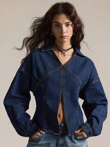 Easelle Blusa de mezclilla con cuello vuelto, abertura lateral y hombros caídos, casual y de uso diario, para otoño - Azul - Ver 6