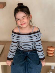 DAZY 女童露肩条纹长袖毛衣，秋冬季 - 藍色 - 查看 2