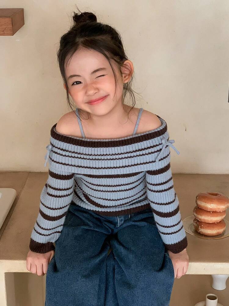 Young Girls Off Shoulder Striped Long Sleeve Sweater, Autumn/Winter