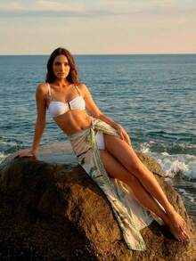 CAJUNI 波西米亚风绿色和米色棕榈树印花休闲夏季沙滩泳衣罩衫纱笼裙 - 綠色 - 查看 3