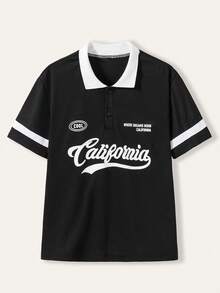 SHEIN Explorewe Oversized Boys' Casual Minimalist American College Letter Print Contrast Color Polo Collar Shirt, Loose Fit, Comfortable For Autumn, Spring, Summer, Suitable For Daily Wear, Commuting, Outdoor Activities, Sports, School, Streetwear, Parties And Photoshoots - Multicolor - View 3