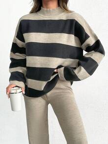 SHEIN Tall Striped Pattern Drop Shoulder Sweater & Knit Pants - White - View 3
