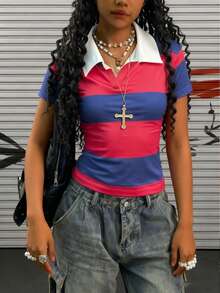 Rovax New Arrival Striped Casual Women T-Shirt, Fashionable Streetwear, Suitable For Valentine's Day And Back To School Season - Multicolor - View 3