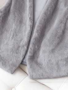Franclia 女士复古V领短款人造毛皮背心外套，秋季 - 淺灰色 - 查看 5