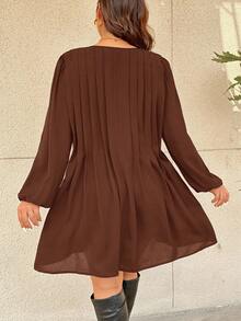 SHEIN Frenchy Plus Size Women's Casual, Vacation, Daily Commute Simple Solid Color Knot Front Lantern Sleeve Fold Pleated Loose Dress, Spring/Autumn - Coffee Brown - View 2