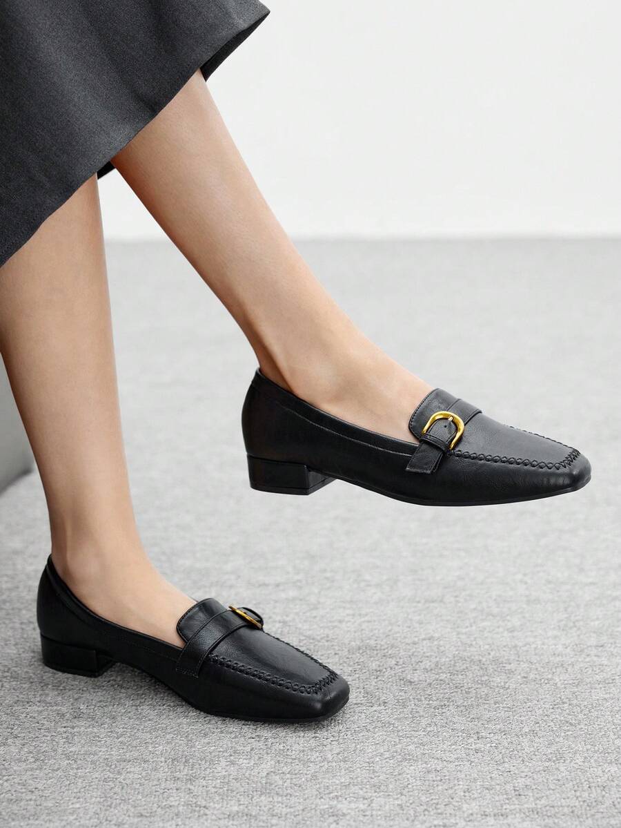 CUCCOO BIZCHIC Mocasines casuales de mujer con diseño de hebilla y punta cuadrada - Negro - Ver 1