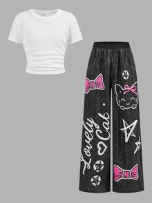 Tween Girl Spring/Summer Fashion Street Style Fitted White Short Sleeve Crew Neck T-Shirt + Cute Y2K Graffiti Letter & Animal Print Loose Wide Leg Pants 2-Piece Set - Black and White - View 6