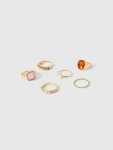 Aloruh Bộ 6 chiếc nhẫn kim loại cổ điển thiết kế tối giản theo phong cách Pháp, thích hợp cho tiệc tùng, quà tặng, đeo hàng ngày (Có hướng dẫn về kích thước, vui lòng xử lý cẩn thận) - Vàng - Xem 1