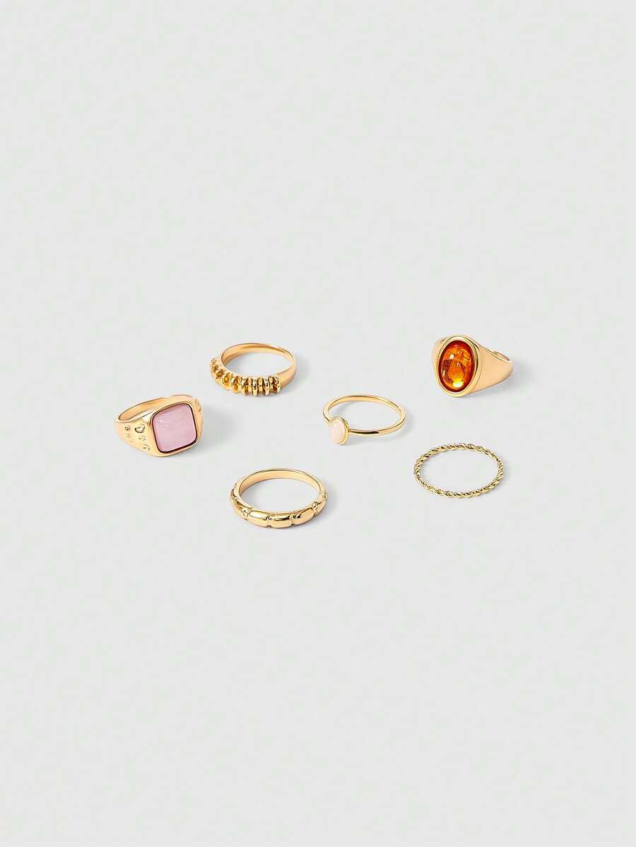 Aloruh Bộ 6 chiếc nhẫn kim loại cổ điển thiết kế tối giản theo phong cách Pháp, thích hợp cho tiệc tùng, quà tặng, đeo hàng ngày (Có hướng dẫn về kích thước, vui lòng xử lý cẩn thận) - Vàng - Xem 1