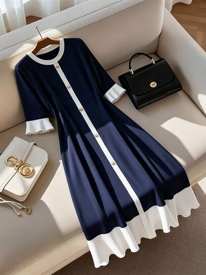 GlowEve CURVE Plus Size Color Block Trim Round Neck Button Elegant Fashion Dress