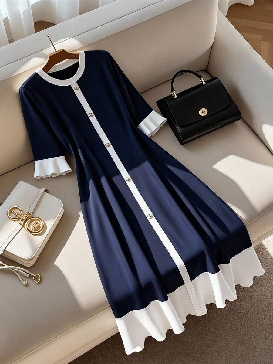 SHEIN Clasi Plus Size Color Block Trim Round Neck Button Elegant Fashion Dress Fall - Blue - View 1
