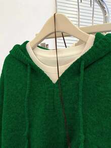 SHEIN Franclia Áo len dệt kim dài tay có mũ dáng rộng màu xám cơ bản dành cho nữ, mùa thu/đông - Màu xanh lá cây đậm - Xem 7