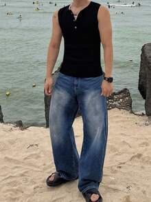 DAZY 男士黑色罗纹半开襟背心，夏季 - 黑色 - 查看 6