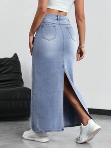 SHEIN Tall Falda vaquera larga casual desgastada y desgastada para mujer - Azul - Ver 2