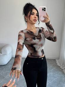 Elenzga 女士印花长袖网纱时尚衬衫 - 棕色 - 查看 6