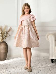 Tween Girls'Elegant Pink Summer Jacquard Satin Layered Party Dress,Embroidered Asymmetric Strap Short Fitted Formal Dress For Wedding,Prom,Graduation - Pink - View 4