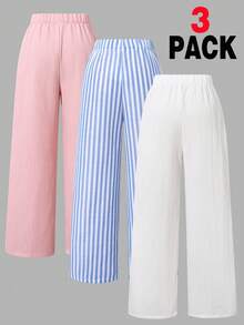 Sparklyn Conjunto de 3 piezas para niña preadolescente de moda de otoño e invierno, pantalones casuales, sueltos y cómodos, versátiles para uso diario, pantalones de pierna ancha con cinturón elástico básico, pantalones casuales a rayas de estilo náutico - Multicolor - Ver 2