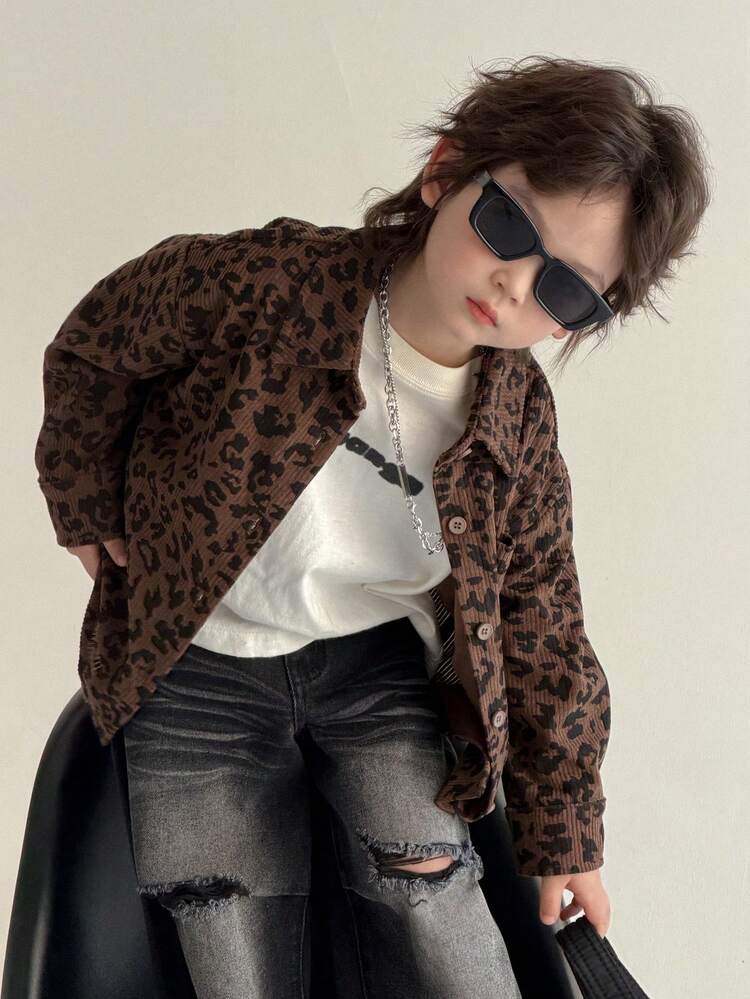Young Boy Casual Leopard Print Button Front Pocket Shirt, Autumn