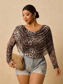 Travachic Camiseta de manga larga con cuello drapeado y estampado de leopardo para mujer de talla grande, elegante y ajustada con estampado elástico para viajes, invierno, playa, vacaciones, resort y fiestas - Caqui - Ver 4