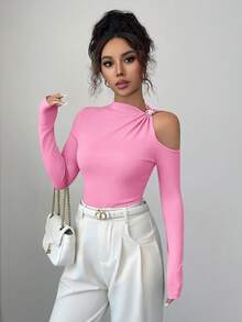 INAWLY Áo thun dài tay hở vai khoét sâu gợi cảm trang trí kim loại - Hồng - Xem 4