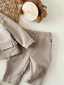 Ensemble chemise à manches longues et pantalon à taille élastique casual et mignon pour bébé garçon, couleur abricot - Kaki - Voir 6
