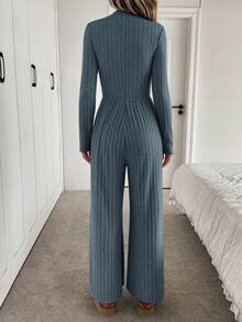 Easowa 高领斜插口袋修身长袖阔腿连体裤，罗纹面料，休闲优雅的办公穿着，秋冬女装 - 藏蓝色 - 查看 2