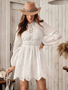 Wildy American Casual Country Style Women's Autumn/Winter Basic Everyday Outfit Lace Patchwork Embroidered Long Sleeve Mini Dress - White - View 5