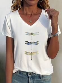 Women's Colorful Dragonfly Print Casual V-Neck Short Sleeve T-Shirt