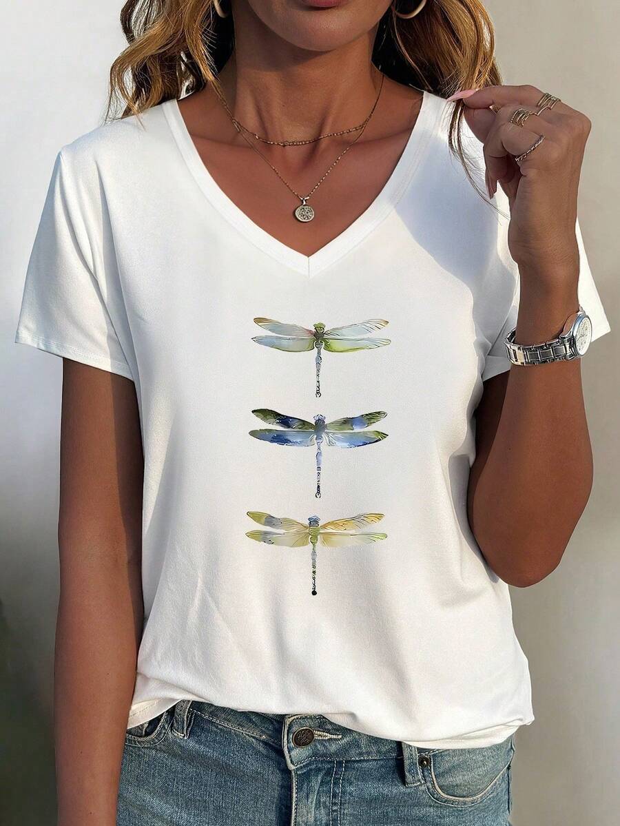 Women's Colorful Dragonfly Print Casual V-Neck Short Sleeve T-Shirt