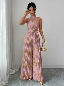 Elenzga Mono de pierna ancha elegante y romántico con cuello de volantes sin mangas para mujer, ideal para Halloween - Rosa - Ver 6