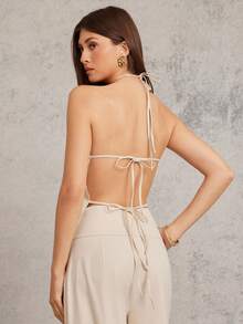 L'Amorae 露背领口蝴蝶结细节开襟夏季上衣 - 杏色 - 查看 2