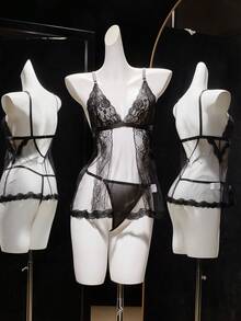 SHEIN 2pcs Women's Sexy Lace Mesh Nightgown And G-String Set - Black - View 1