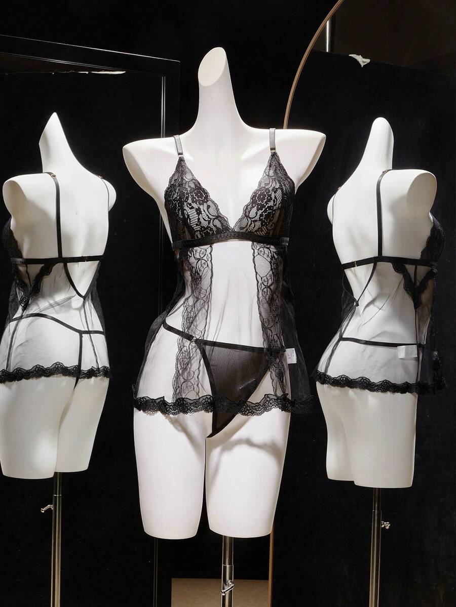 SHEIN 2pcs Women's Sexy Lace Mesh Nightgown And G-String Set - Black - View 1