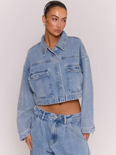 MUSERA Boxy Drop Shoulder Patch Pocket Dark Wash Denim Jacket Only Autumn Fall Winter Night Out Going Out Streetwear Cute Spring Y2k Summer