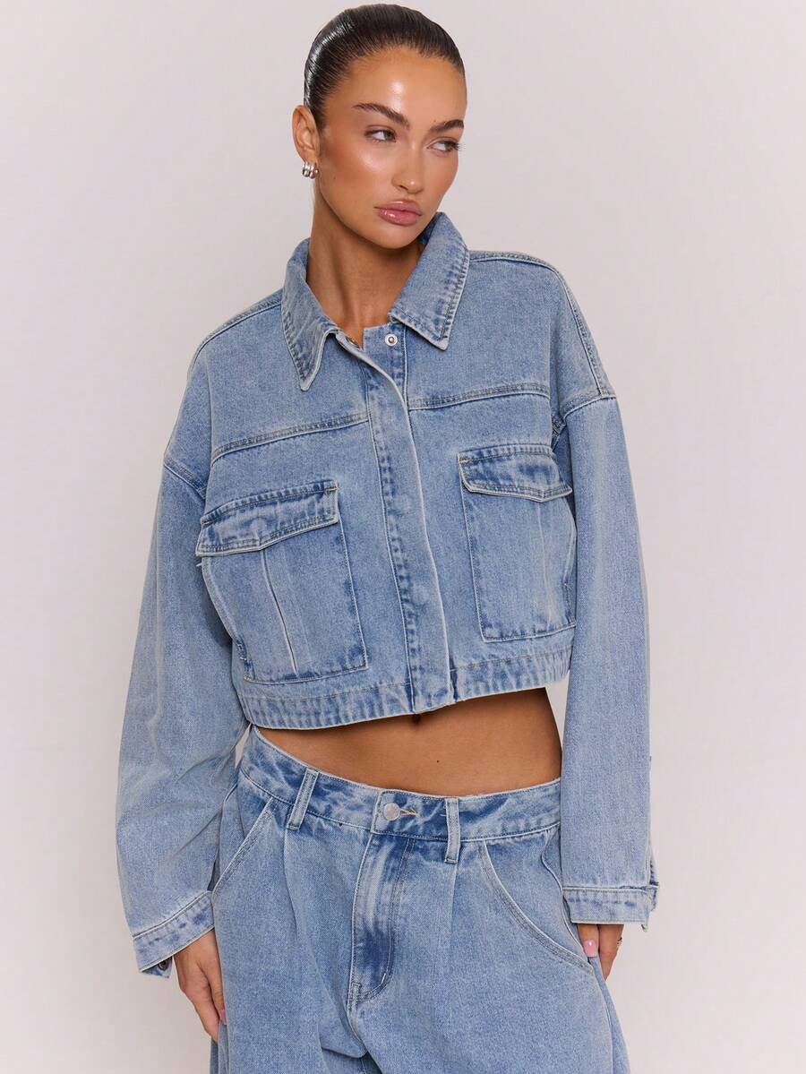 MUSERA Boxy Drop Shoulder Patch Pocket Dark Wash Denim Jacket Only Autumn Fall Winter Night Out Going Out Streetwear Cute Spring Y2k Summer - Baby Blue - View 1