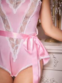FairyFlirt Women's Lace Patchwork V-Neck Contrast Color Sleeveless Bodysuit - Pink - View 5