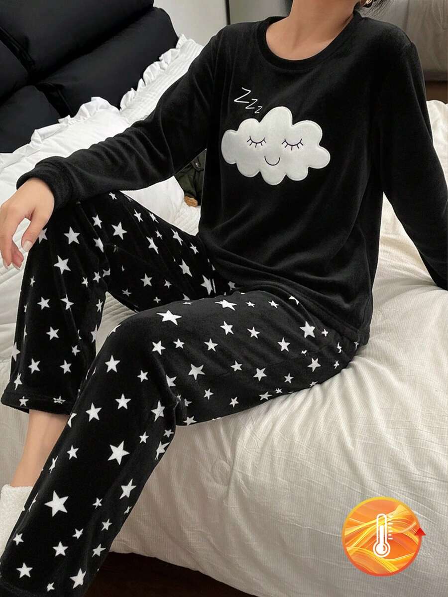 2 件套少女云朵和星星图案羊毛睡衣套装，休闲舒适长袖上衣和裤子，秋冬 - 黑色 - 查看 1