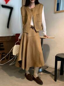 DAZY 女士麂皮休闲背心和裙子两件套 - 卡其色 - 查看 5