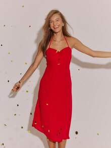 Aralina Lightweight Smooth Knit Fabric Spaghetti Strap Ruched Bust Slim Fit Midi Silhouette Summer Dresses For Women Sexy Vacation Dress - Red - View 10