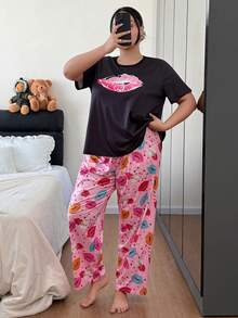 Dream Adore Plus Size Lip Print Short Sleeve Casual Pajama Set Cute Lounge Wear - Pink - View 3
