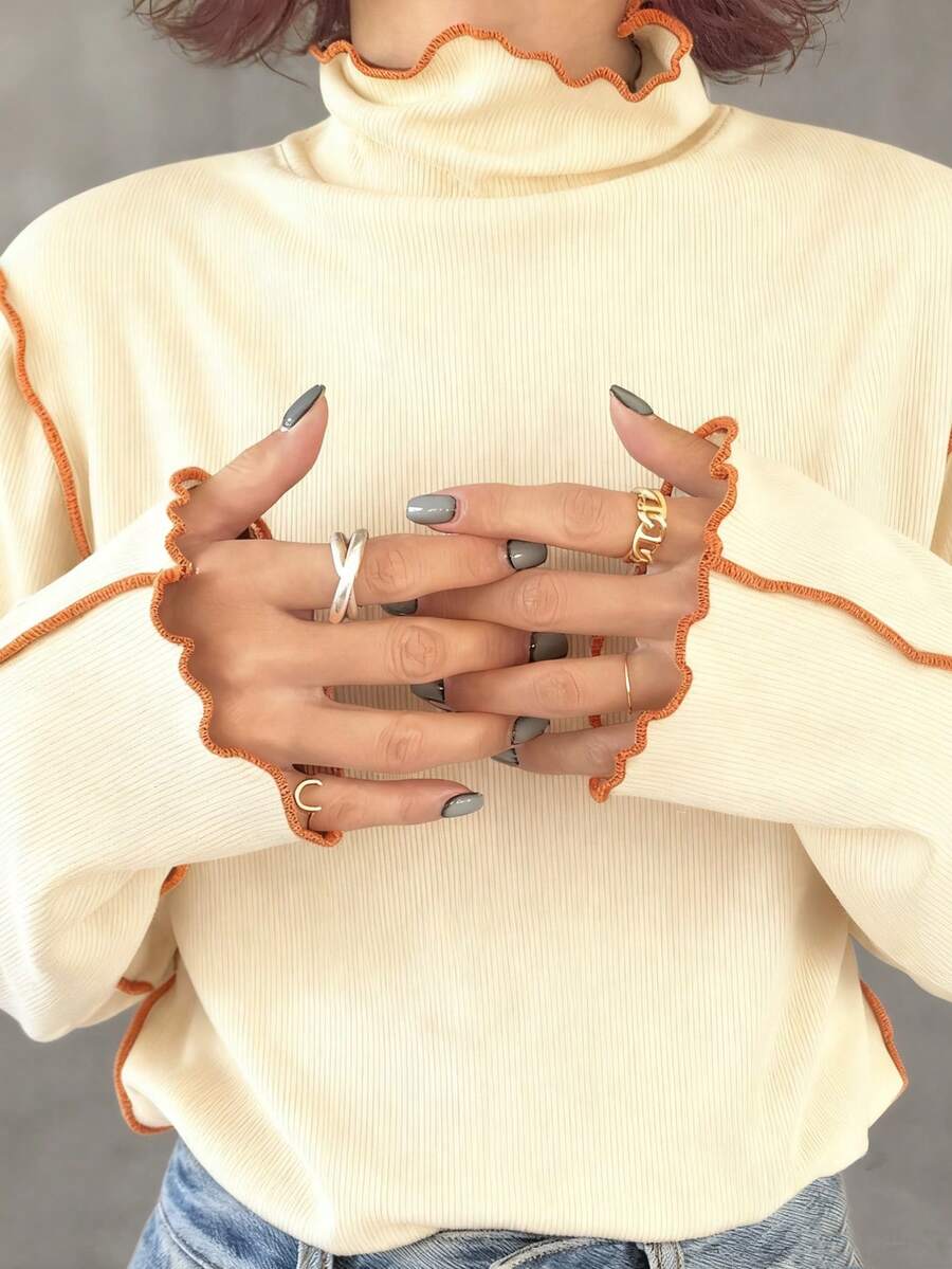 FRIFUL Women's Turtleneck Contrast Color T-Shirt With Contrast Ruffle Hem, Multi-Layer Ruffled Flared Sleeves, Fitted Long Sleeve Top - Apricot - View 1