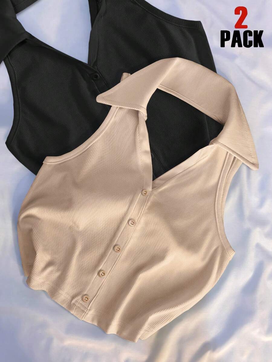 SHEIN 2件套女士时尚休闲Polo领无袖V领修身短款上衣 - 彩色 - 查看 1