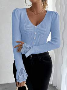 SHEIN LUNE French Lace Patchwork V-Neck Fitted Puff Sleeve Knit Sweater With Pearl Decor, Long Sleeve - Blue - View 6