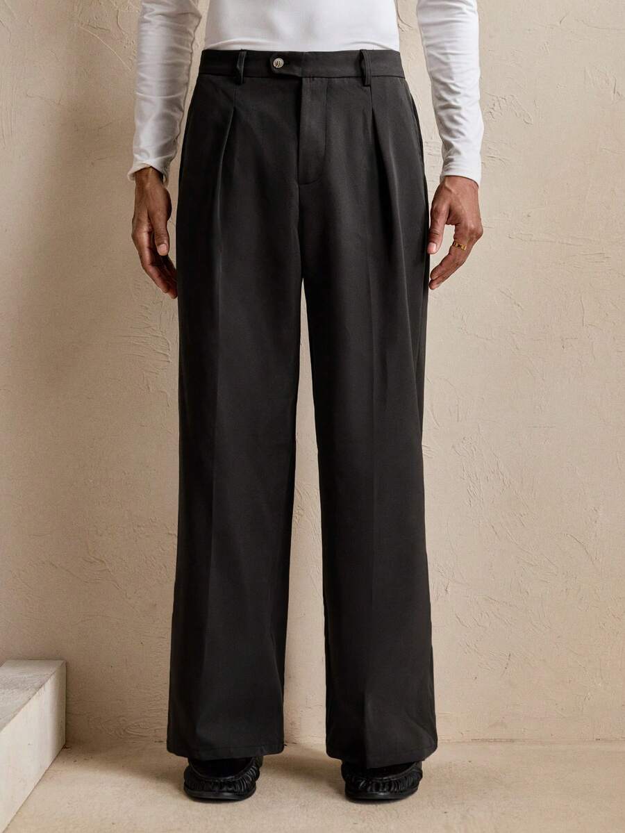 SWAVVY Men's Woven Casual Loose Solid Color Elastic Waist Straight Leg Pants, Fall - Dark Grey - View 1